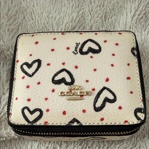 Coach Cream and Black Heart Print Travel Jewelry Case EUC
